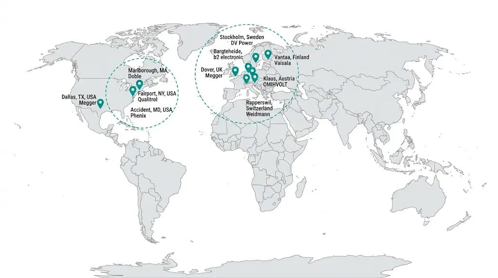 World map showing headquarters locations of 10 transformer test equipment manufacturers across Europe and North America with company names labeled