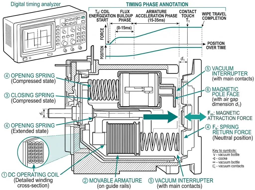 Vacuum contactor actuator cutaway showing coil armature springs and contact assembly with close time phase sequence annotations