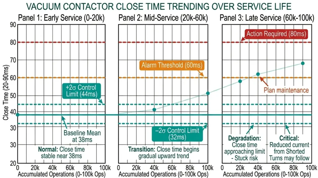 Vacuum contactor close time trend chart showing degradation over operations with statistical control limits and maintenance thresholds