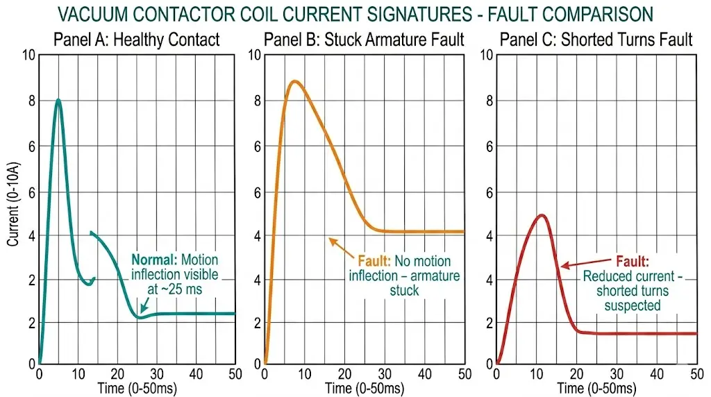Coil current waveform comparison showing healthy vacuum contactor signature versus stuck armature and shorted turns fault patterns