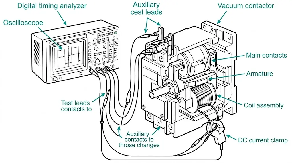 Vacuum contactor timing measurement setup showing digital analyzer connected to coil and auxiliary contacts for close open time diagnosis