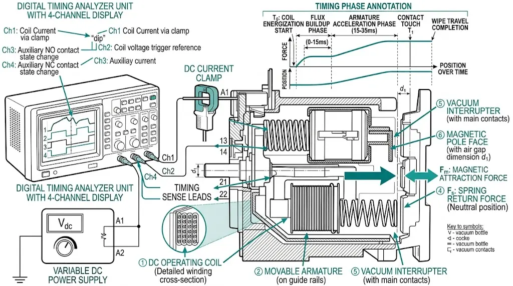Vacuum contactor timing test setup schematic showing analyzer current clamp and auxiliary contact connections for measurement