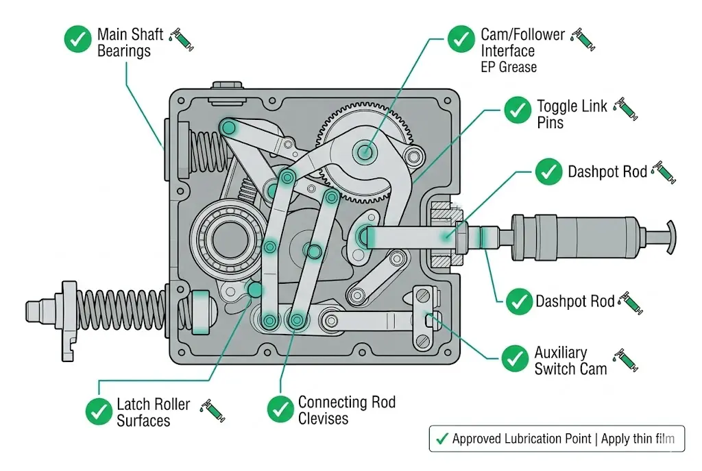 VCB mechanism diagram showing seven approved lubrication points with green checkmarks at bearings, cam, toggle pins, and latch roller