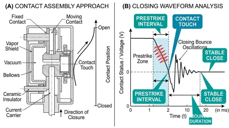 Vacuum circuit breaker timing curve analysis showing closing bounce oscillations and prestrike arc interval with diagnostic measurement annotations
