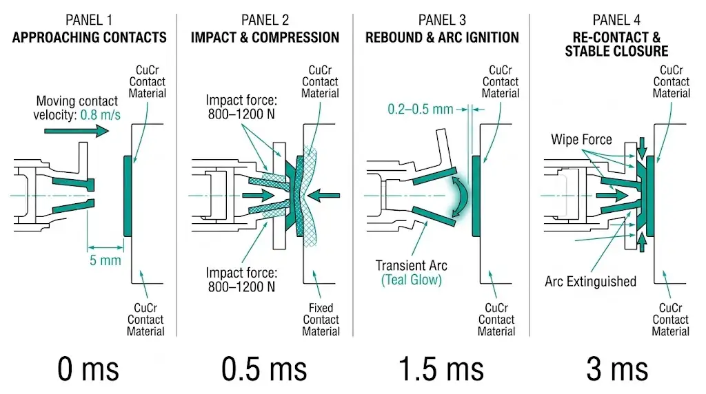 Four-panel sequence diagram illustrating vacuum circuit breaker contact bounce mechanics from impact through rebound and re-contact phases