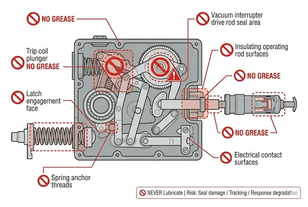 VCB mechanism warning diagram showing forbidden lubrication zones with red prohibition symbols on vacuum interrupter seal, insulating rods, and coil plungers