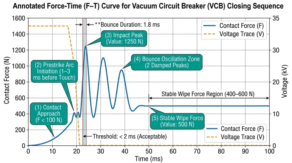 Force-time curve diagram showing VCB closing phases including prestrike initiation, impact peak, bounce oscillations, and stable wipe force region