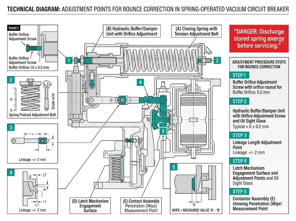 Cutaway diagram of VCB spring operating mechanism showing buffer damper, spring tension, linkage, and latch adjustment points for bounce correction