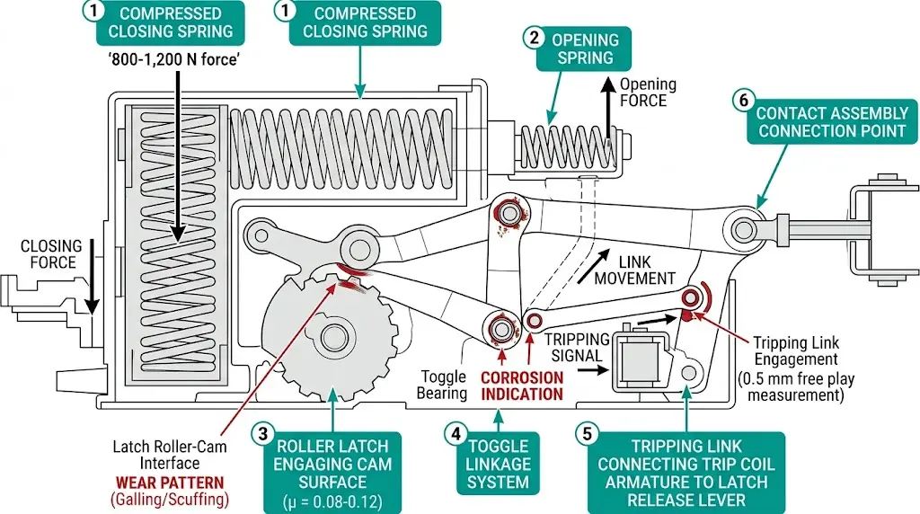 VCB stored-energy mechanism cutaway showing spring assembly, latch engagement, toggle linkage, and highlighted binding failure zones