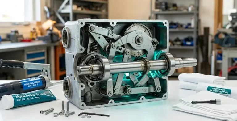 Vacuum circuit breaker mechanism lubrication showing grease gun, toggle linkages, and maintenance tools on workbench