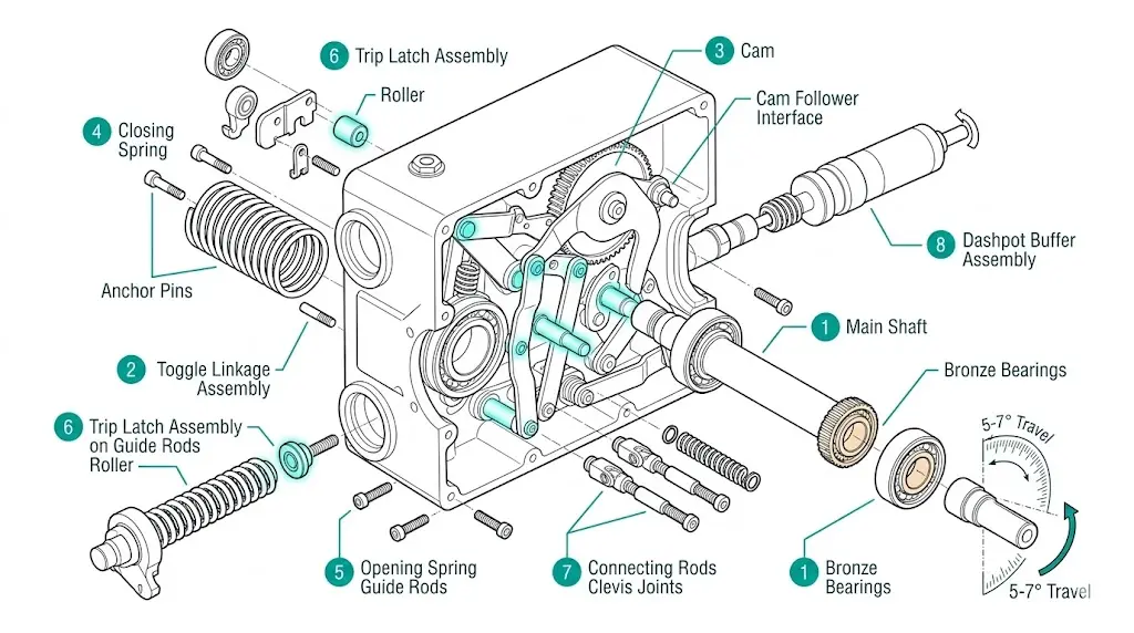 Vacuum circuit breaker operating mechanism exploded view showing main shaft bearings, toggle linkages, cam followers, and friction points