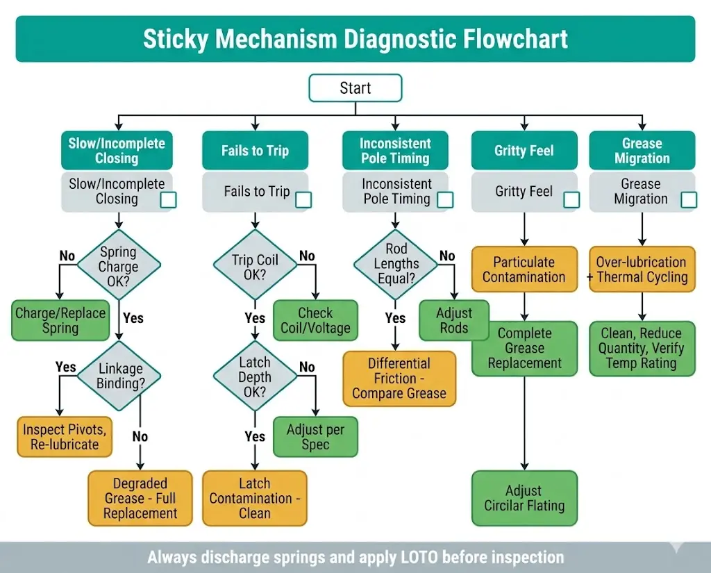 Troubleshooting flowchart for VCB sticky mechanism diagnosis showing five symptom pathways with check steps and root cause resolutions