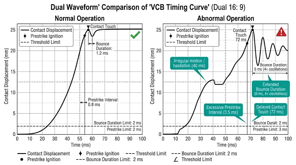 Side-by-side VCB timing curve comparison showing normal closing waveform versus abnormal pattern with excessive bounce and extended prestrike