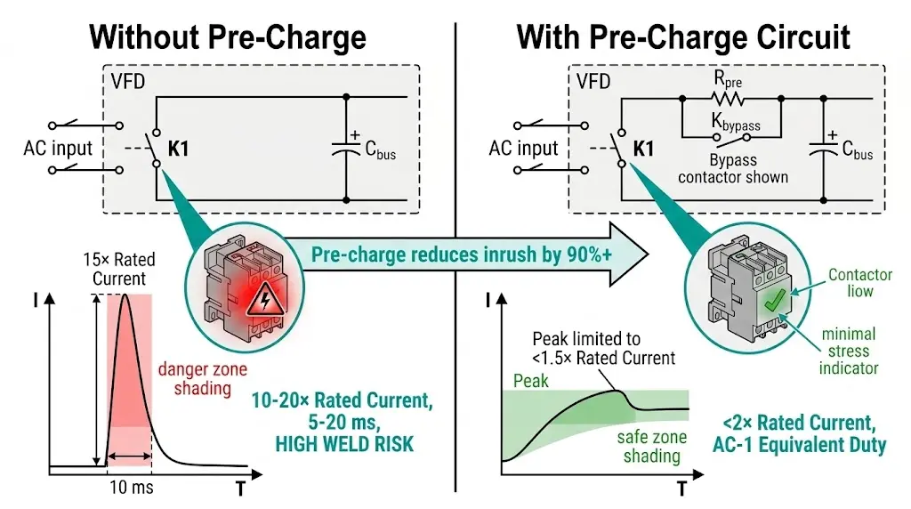 VFD pre-charge circuit impact diagram showing 10-20 times inrush without pre-charge versus under 2 times with pre-charge resistor