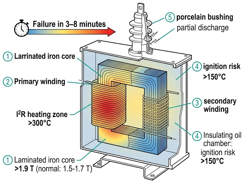 Voltage transformer cross-section showing ferroresonance thermal damage zones with core saturation exceeding 1.9 T and winding temperatures above 300°C