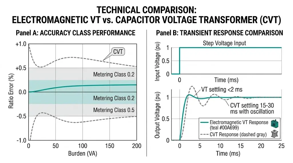 Chart comparing VT versus CVT accuracy class performance and transient response times showing electromagnetic VT faster settling than capacitor voltage transformer