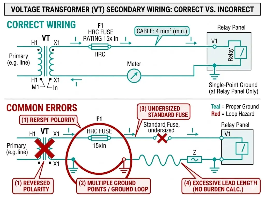 Diagram showing correct VT secondary wiring with single-point grounding versus common errors including polarity reversal and multiple ground points