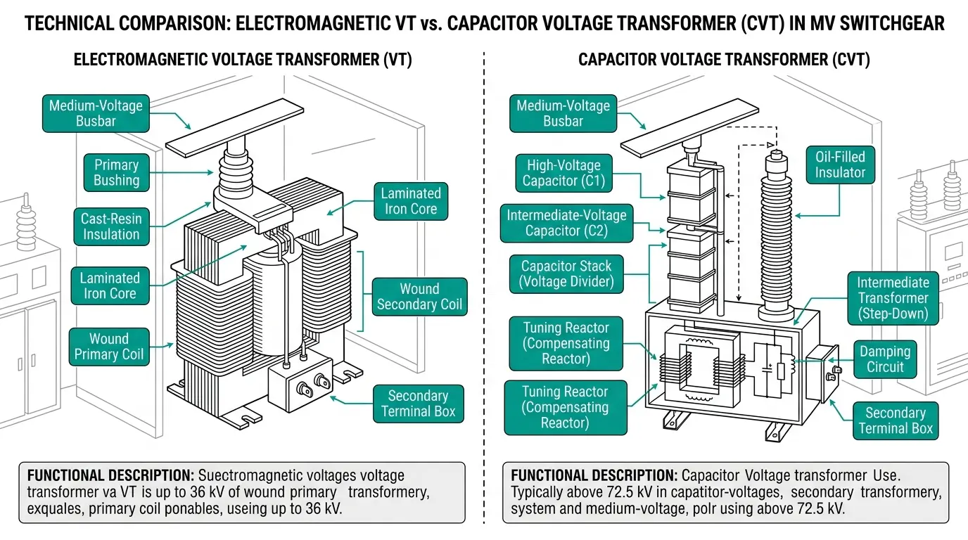 Electromagnetic voltage transformer versus capacitor voltage transformer comparison diagram for medium-voltage switchgear selection and ferroresonance prevention