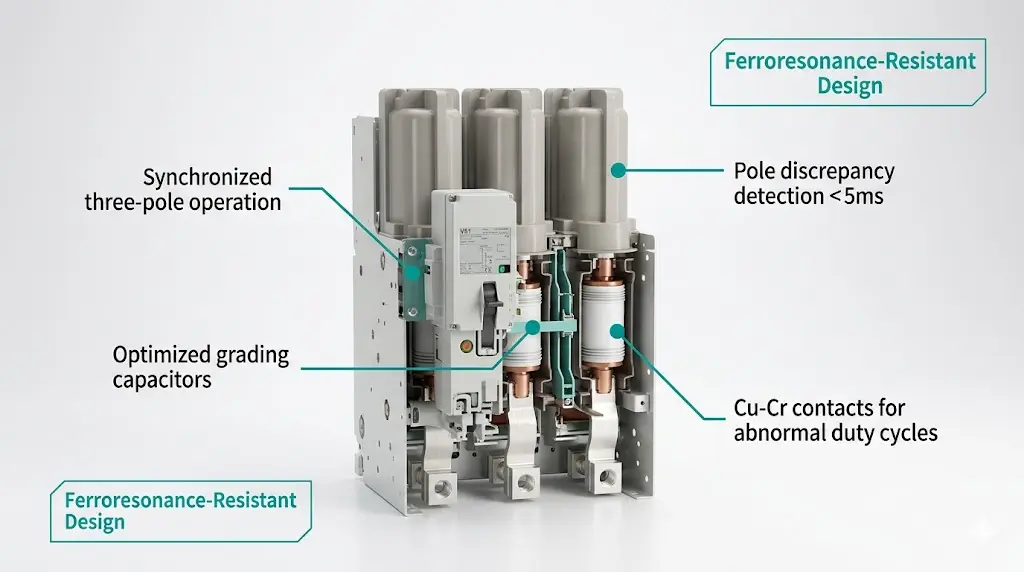 XBRELE VS1 vacuum circuit breaker with ferroresonance protection features including three-pole synchronized operation and optimized grading capacitors