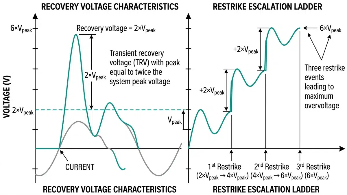 Capacitor switching recovery voltage and restrike escalation diagram showing 2Vpeak and 6Vpeak stress levels