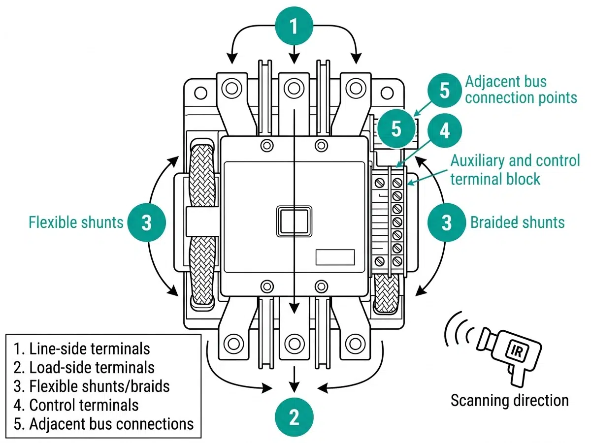 संपर्कक थर्मल स्कैन ज़ोन आरेख, जो व्यवस्थित आईआर थर्मोग्राफी निरीक्षण के लिए पाँच क्रमांकित मापन क्षेत्रों को दर्शाता है।