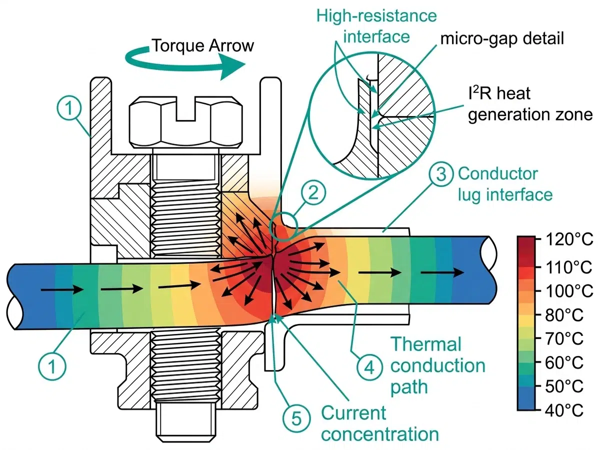 उच्च-प्रतिरोध संपर्क इंटरफ़ेस से I²R ऊष्मा प्रवाह पथों को दर्शाता हुआ कॉन्टैक्टर टर्मिनल का क्रॉस-सेक्शन आरेख