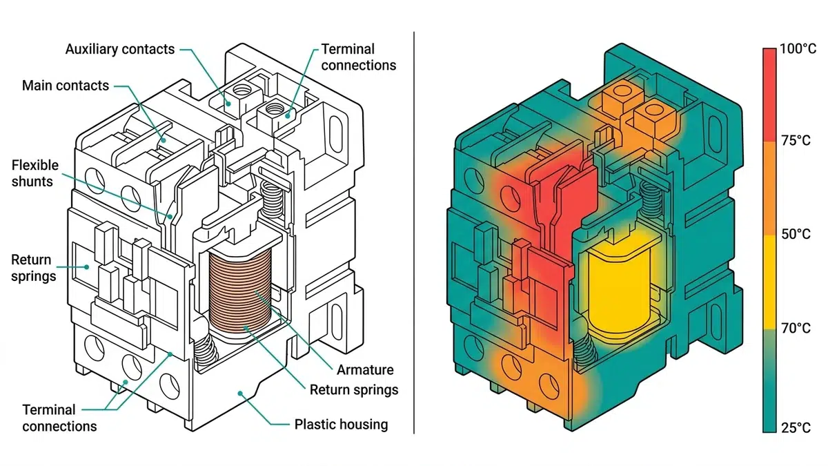 कॉन्टैक्टर का कटअवे थर्मल ओवरले, जिसमें मुख्य संपर्कों के टर्मिनलों और कॉइल में तीन हॉट-स्पॉट क्षेत्र निदान लेबलों के साथ दिखाए गए हैं।