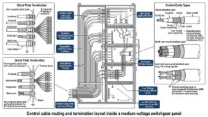 Control cable routing and termination layout inside a medium-voltage switchgear panel.