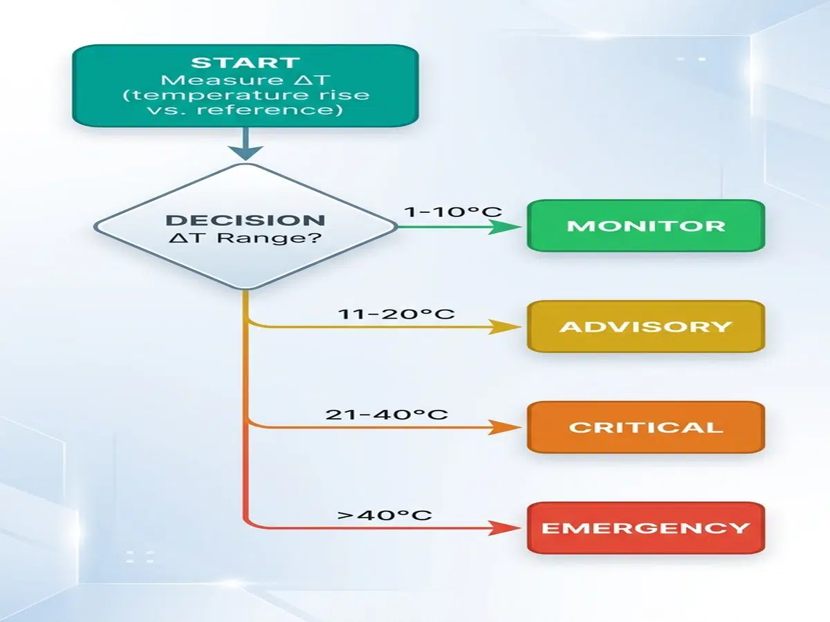 ΔT तापमान वृद्धि की गंभीरता के स्तर दिखाने वाला निर्णय प्रवाह आरेख, जिसमें कॉन्टैक्टर्स के लिए रंग-कोडित रखरखाव कार्रवाई समय-सीमाएँ शामिल हैं।