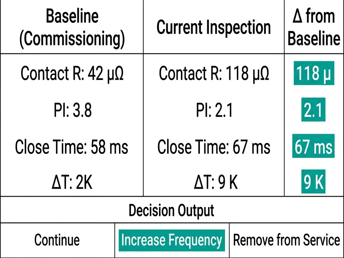 Sample MV field data sheet layout comparing baseline commissioning values against current inspection readings with delta column and decision output