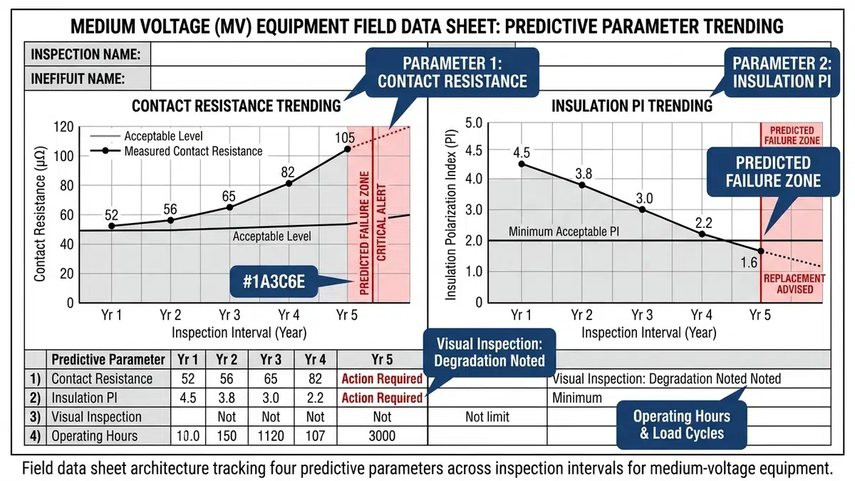 Field data sheet workflow for predictive maintenance of medium-voltage equipment.