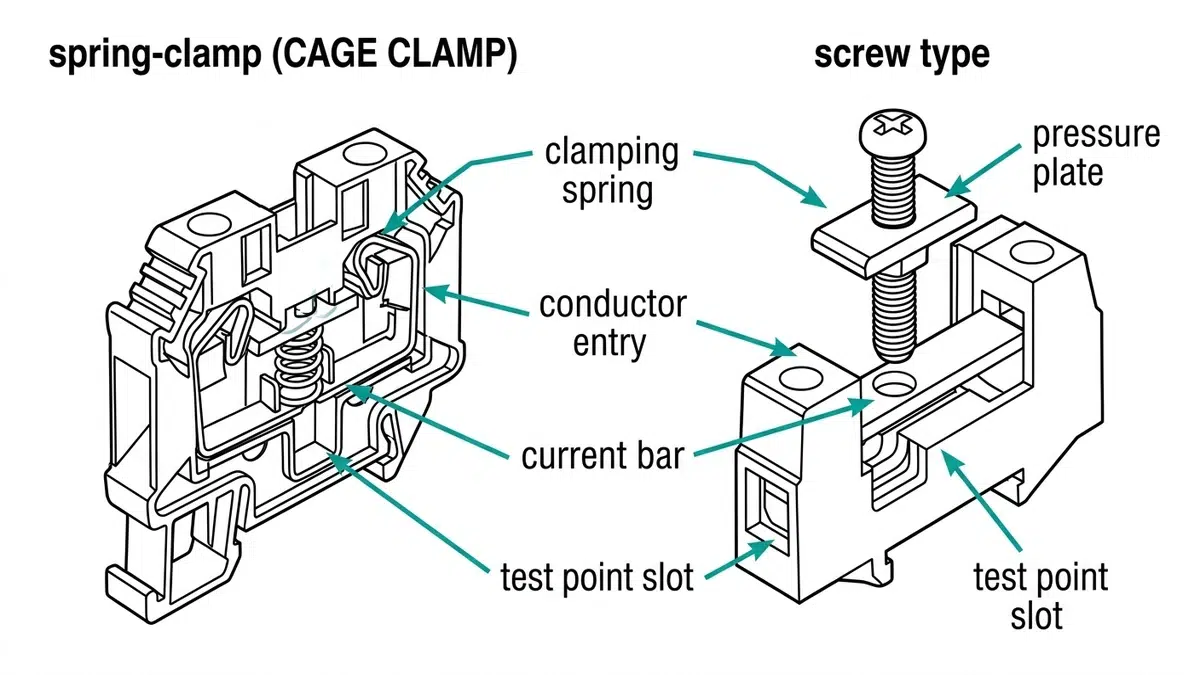 Exploded diagram comparing spring-clamp and screw-type terminal block internal construction for switchgear