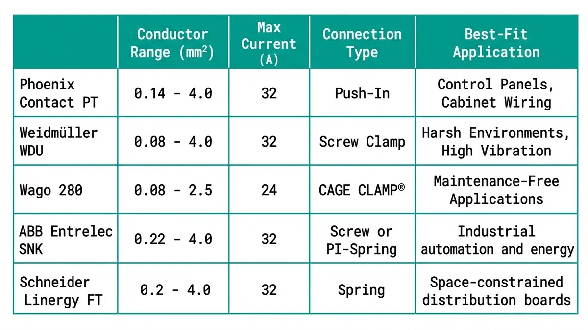 Comparison table of top terminal block manufacturers for switchgear showing conductor range, current rating, and connection type
