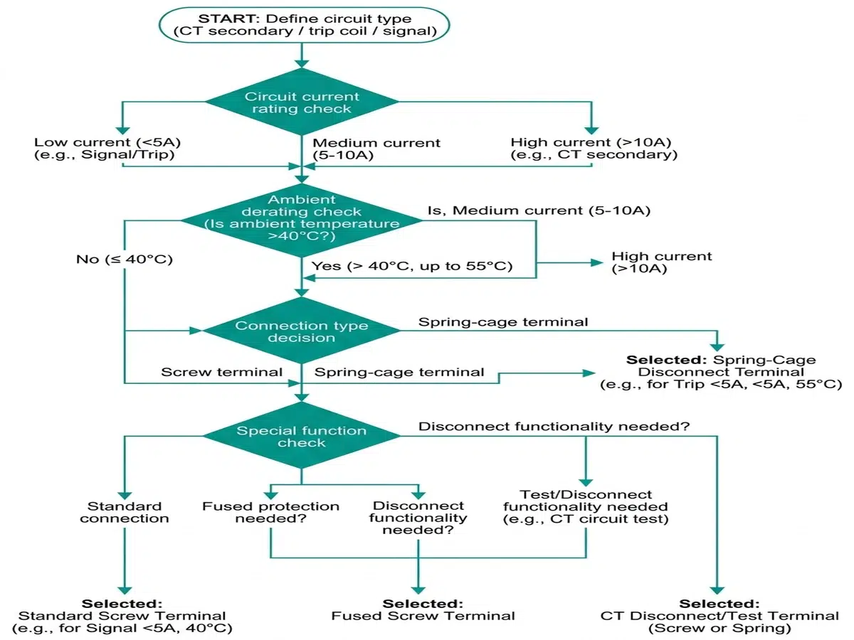 Decision flowchart for selecting terminal block type and rating for medium voltage switchgear control circuits