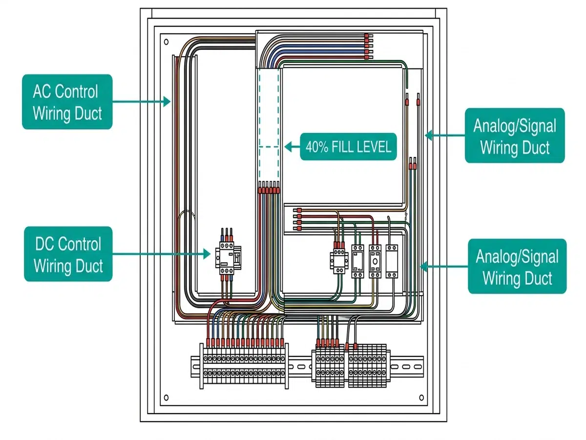 Cross-section diagram of MV switchgear control compartment showing wire duct separation for AC, DC, and signal wiring