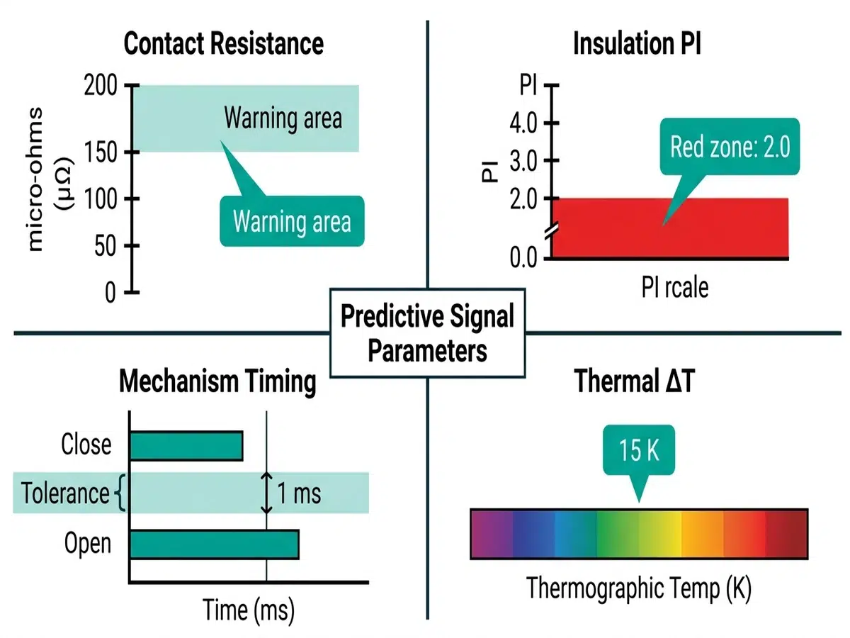 Four-quadrant diagram of predictive signal parameters for MV equipment: contact resistance, insulation PI, mechanism timing, and thermal delta-T