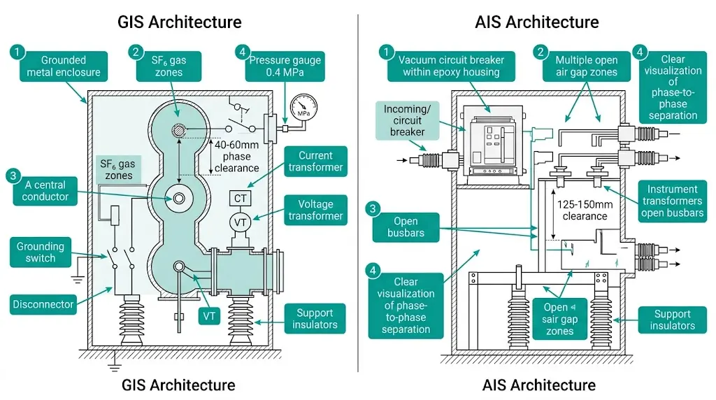Cross-sectional diagram comparing GIS sealed SF6 compartment with 40-60mm clearances versus AIS open construction with 125-150mm air gaps