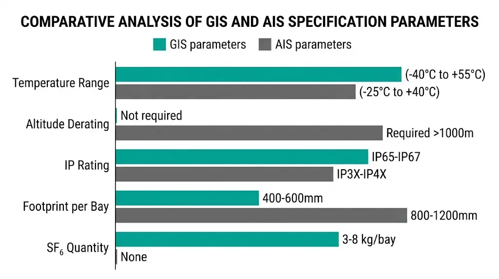 Bar chart comparing GIS and AIS specifications including temperature range, altitude derating, IP rating, footprint dimensions, and SF6 quantity