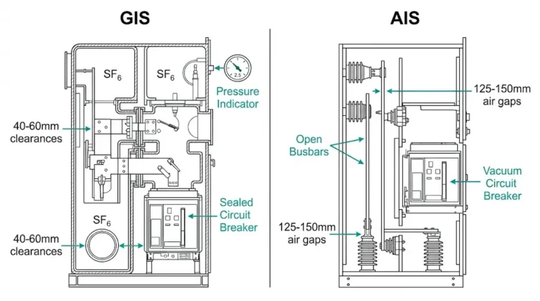 GIS vs AIS medium voltage switchgear comparison showing SF6 gas-insulated compact design versus air-insulated panel with larger clearances