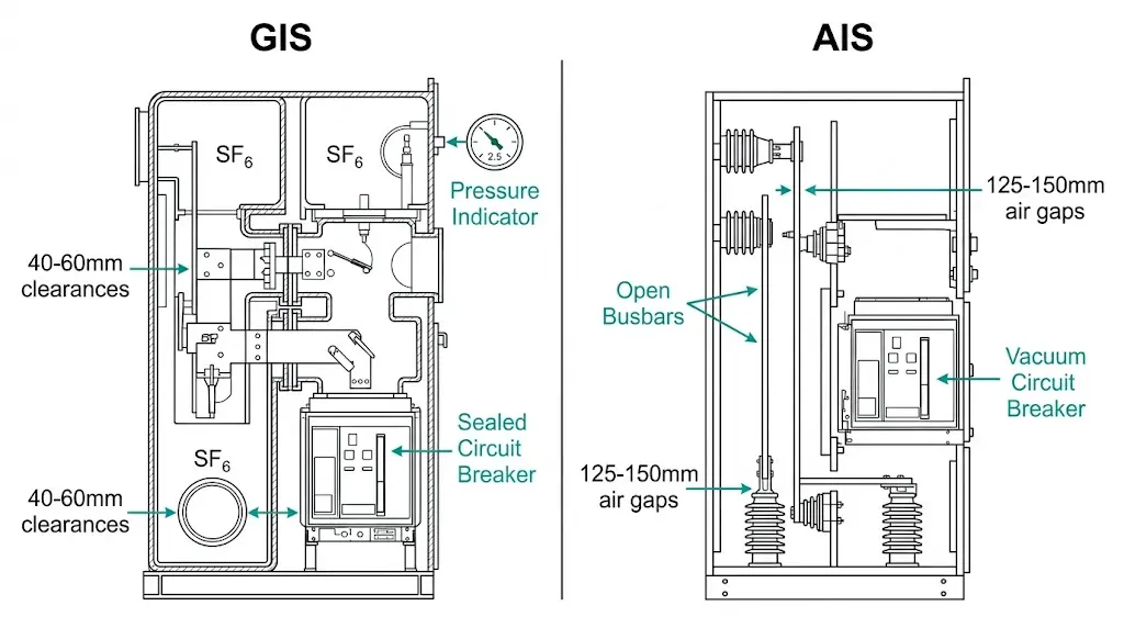 GIS vs AIS medium voltage switchgear comparison showing SF6 gas-insulated compact design versus air-insulated panel with larger clearances