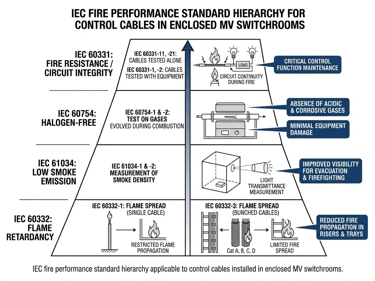 Tiered diagram of IEC fire rating standards for control cables including IEC 60332, IEC 61034, IEC 60754, and IEC 60331
