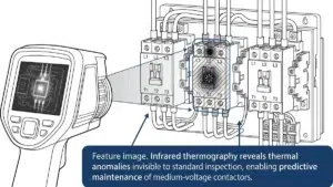 Cámara termográfica IR que escanea el panel de contactores industriales y revela patrones térmicos de puntos calientes en las conexiones de terminales