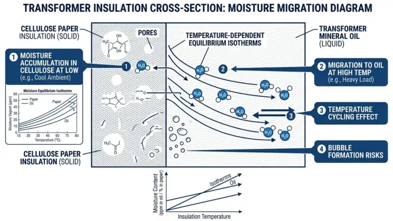 Transformer oil and paper moisture relationship for ppm and relative saturation analysis.