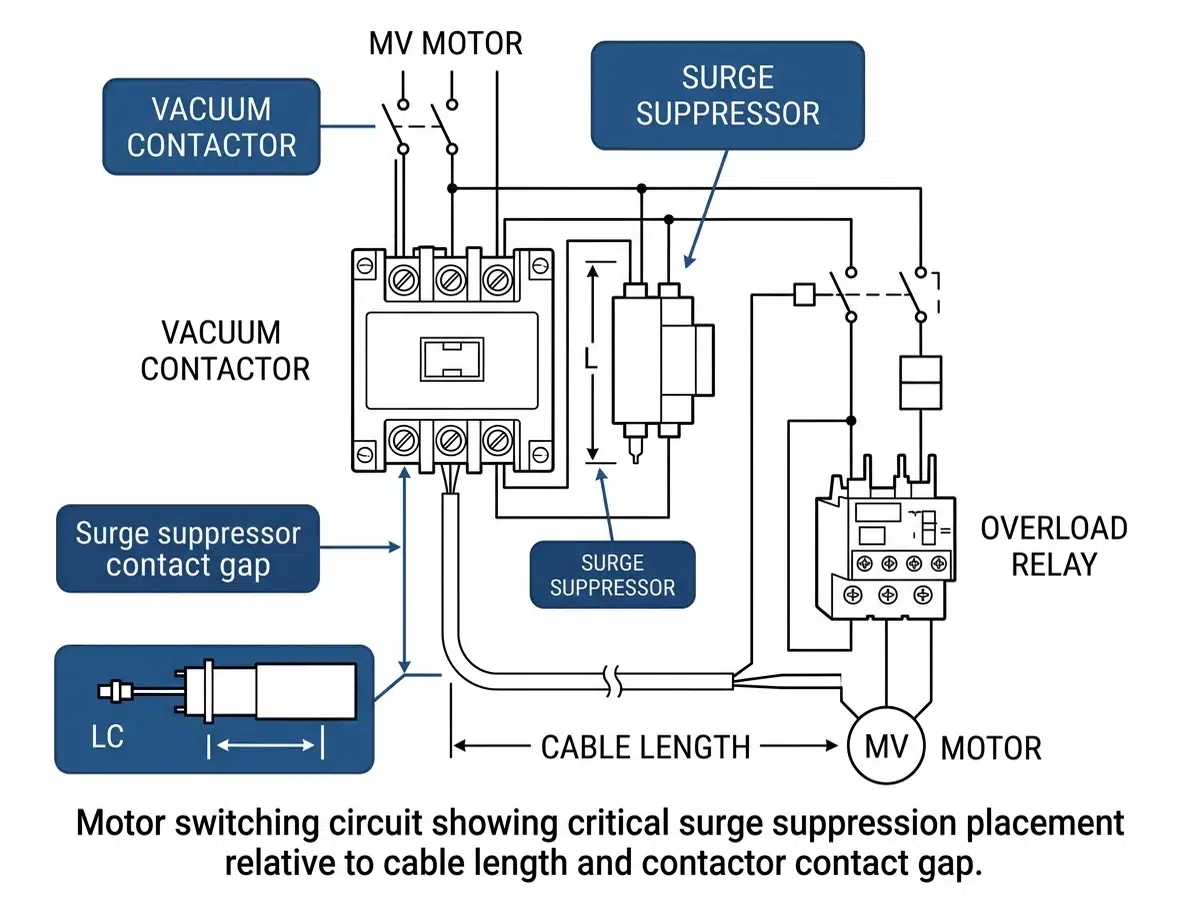 MV motor switching schematic showing vacuum contactor surge suppressor placement and overload relay