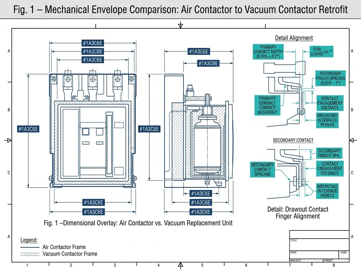 Mechanical envelope comparison drawing showing frame dimensions and drawout contact finger positions for air versus vacuum MV contactor retrofit