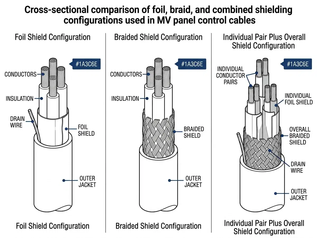 Cross-section comparison of foil shield, braided shield, and individual pair plus overall shield for MV control cables
