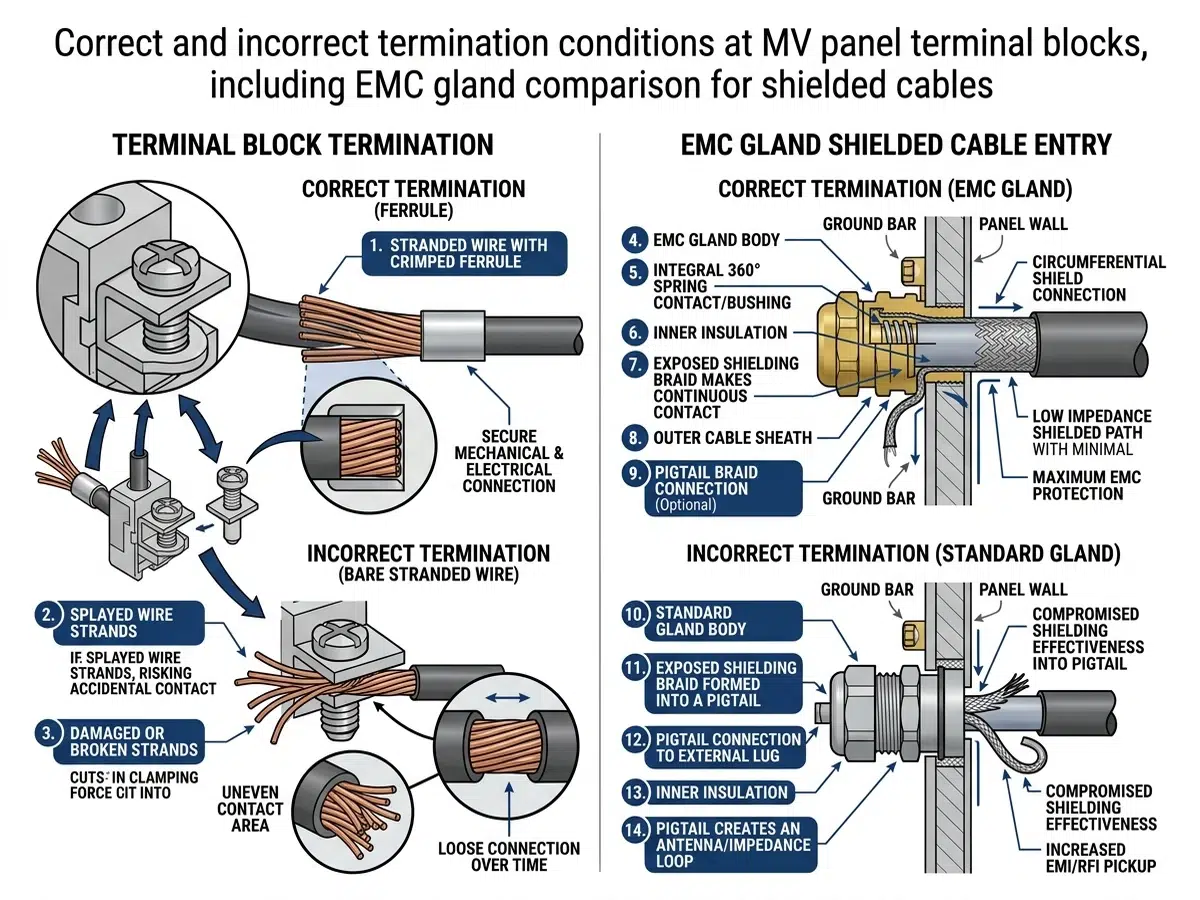 Terminal block detail showing correct ferrule termination versus bare stranded wire, with EMC gland comparison for shielded control cables