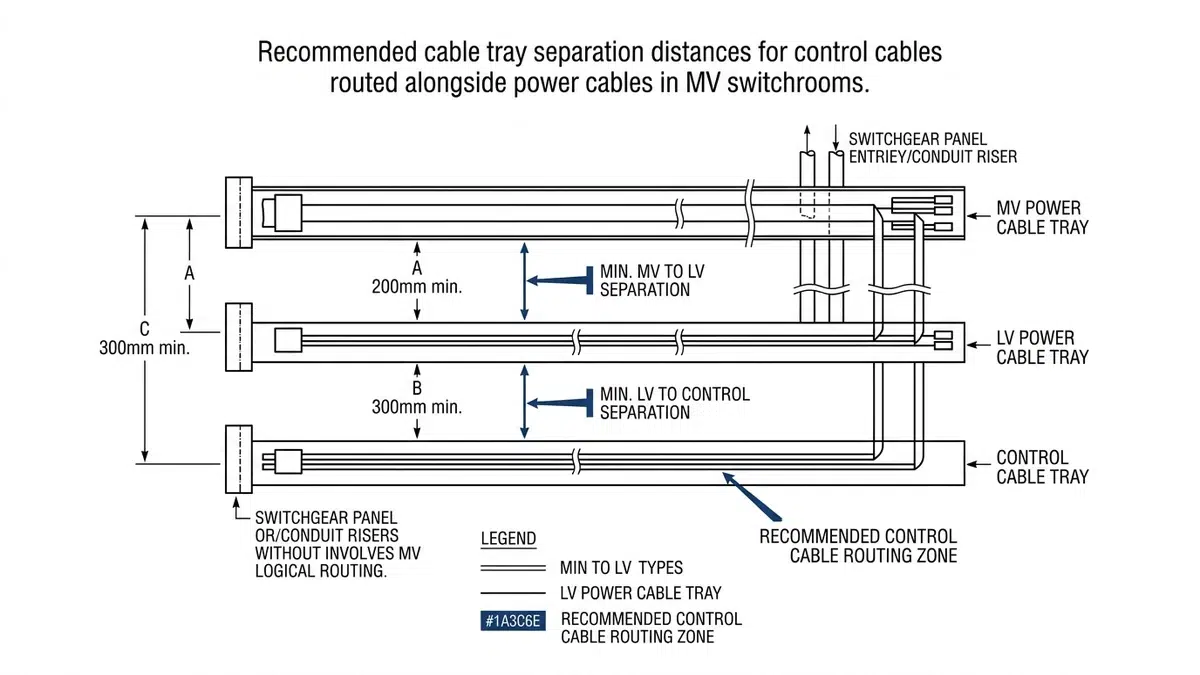 Cable tray layout diagram showing minimum separation distances between MV power, LV power, and control cable trays