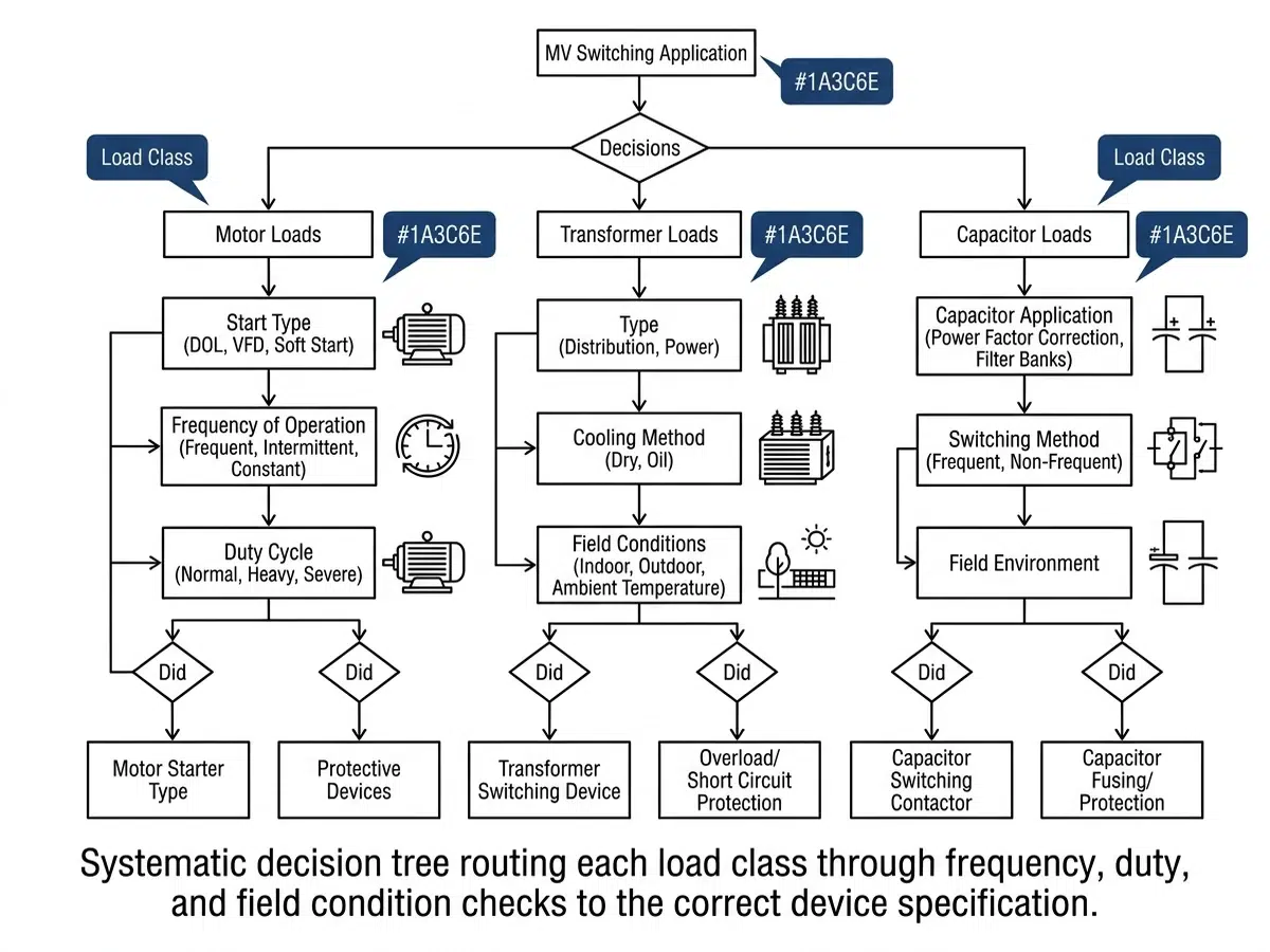 MV switching application decision tree flowchart for motor transformer and capacitor load selection