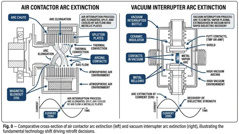 Air contactor to vacuum contactor retrofit layout for MV motor control.